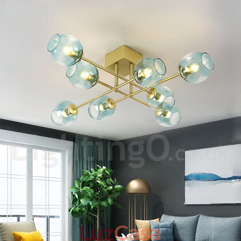 Lustre rústico de aço inoxidável com 8 luzes e cúpulas de vidro transparente ou azul