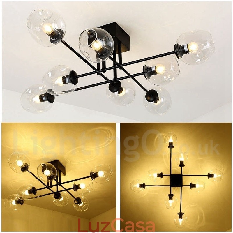 Lustre rústico de aço inoxidável com 8 luzes e cúpulas de vidro transparente ou azul