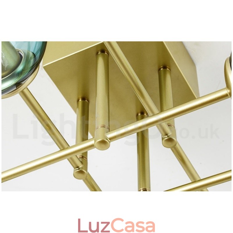 Lustre rústico de aço inoxidável com 8 luzes e cúpulas de vidro transparente ou azul