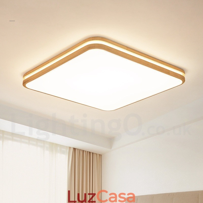 Luminária de teto de madeira quadrada com lente, estilo nórdico moderno e contemporâneo, embutida, com cúpula de acrílico e controle remoto, também pode ser usada como luminária de parede