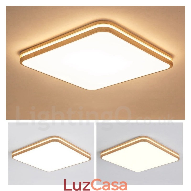 Luminária de teto de madeira quadrada com lente, estilo nórdico moderno e contemporâneo, embutida, com cúpula de acrílico e controle remoto, também pode ser usada como luminária de parede