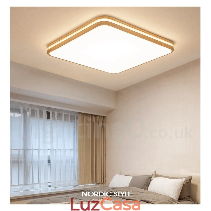 Luminária de teto de madeira quadrada com lente, estilo nórdico moderno e contemporâneo, embutida, com cúpula de acrílico e controle remoto, também pode ser usada como luminária de parede