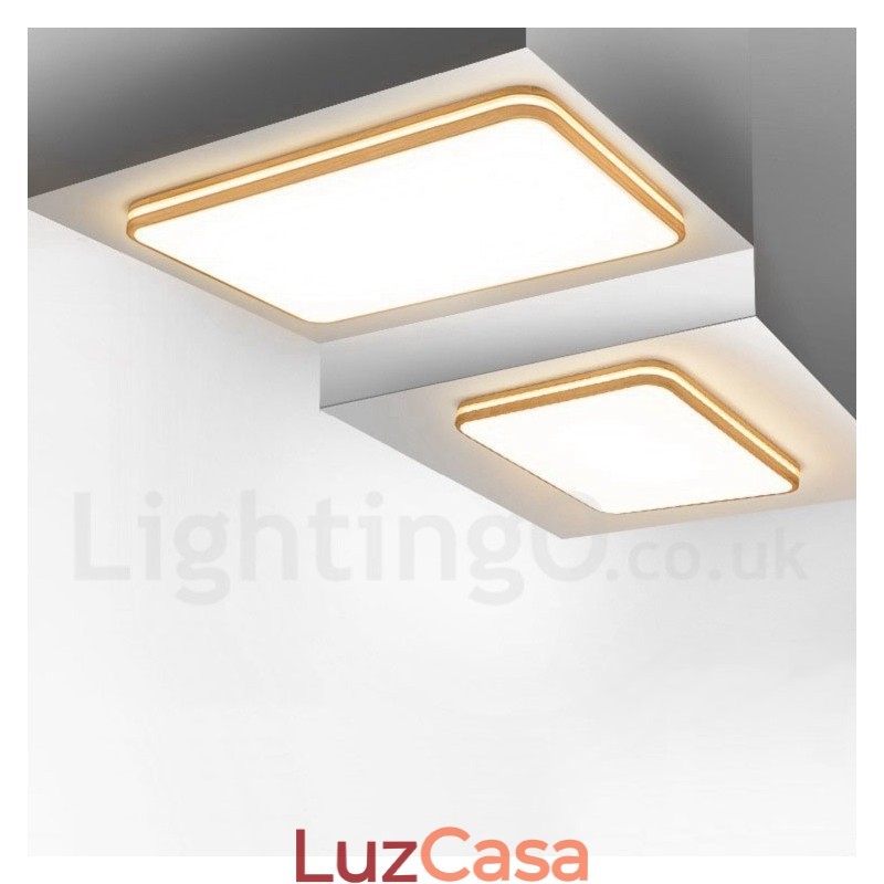 Luminária de teto de madeira quadrada com lente, estilo nórdico moderno e contemporâneo, embutida, com cúpula de acrílico e controle remoto, também pode ser usada como luminária de parede