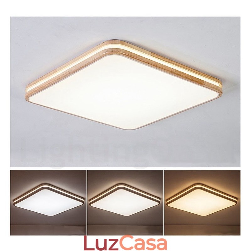 Luminária de teto de madeira quadrada com lente, estilo nórdico moderno e contemporâneo, embutida, com cúpula de acrílico e controle remoto, também pode ser usada como luminária de parede