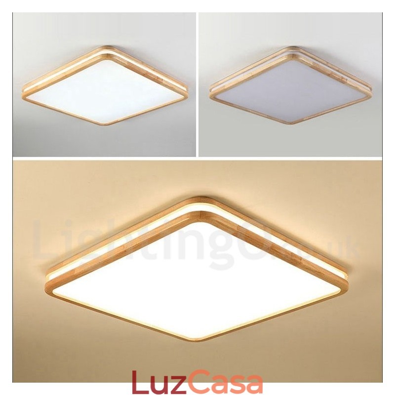 Luminária de teto de madeira quadrada com lente, estilo nórdico moderno e contemporâneo, embutida, com cúpula de acrílico e controle remoto, também pode ser usada como luminária de parede