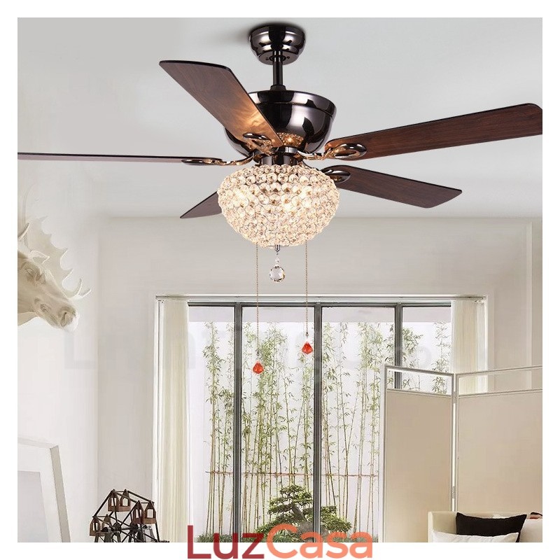 Ventilador de teto com controle remoto retrô de madeira estilo americano de 132 cm (52 pol.) com sombra de cristal e motor de cobre puro mudo