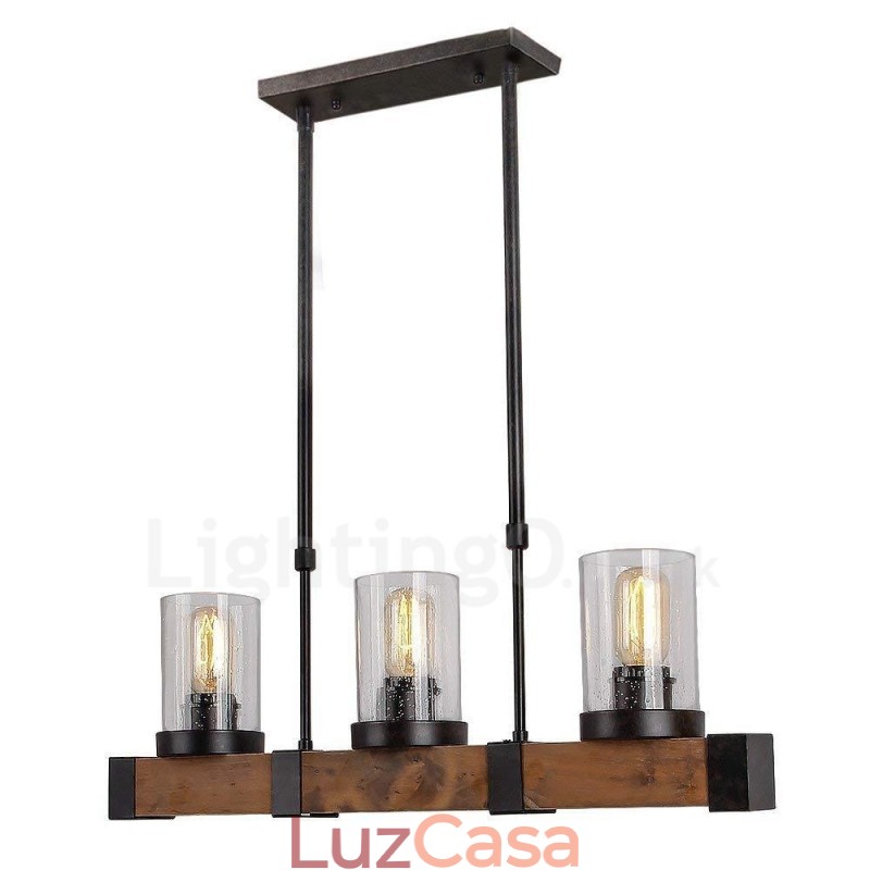 Lustre de madeira vintage de 3 luzes, iluminação pendente industrial de madeira eólica, loft, linear