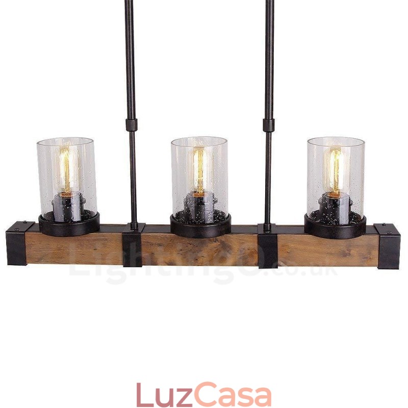 Lustre de madeira vintage de 3 luzes, iluminação pendente industrial de madeira eólica, loft, linear