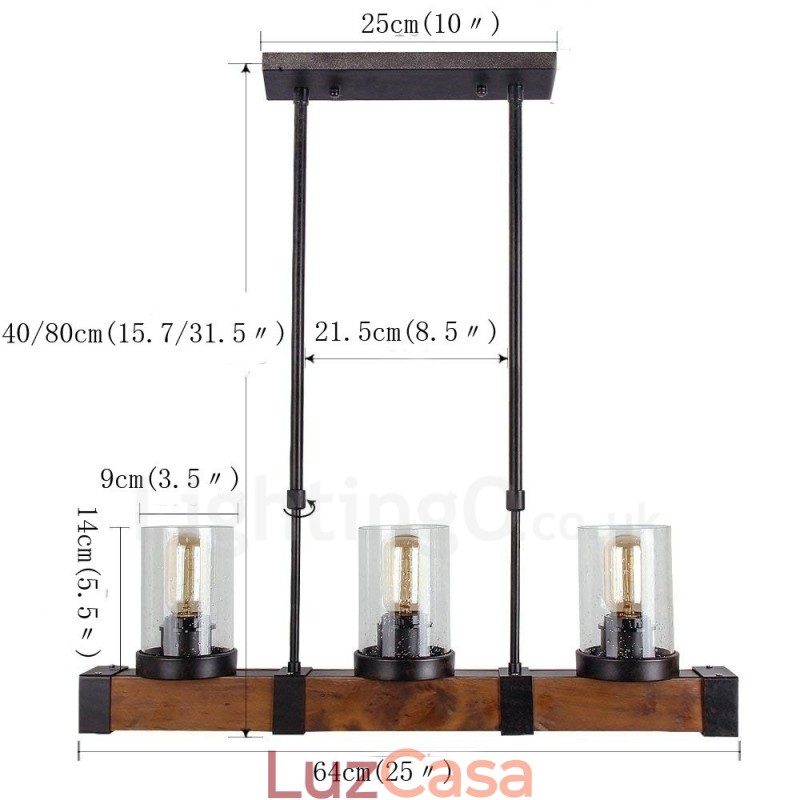 Lustre de madeira vintage de 3 luzes, iluminação pendente industrial de madeira eólica, loft, linear