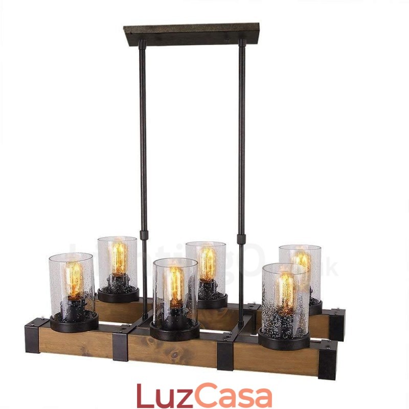 Lustre de madeira vintage de 6 luzes, iluminação pendente industrial de madeira, estilo loft, linear