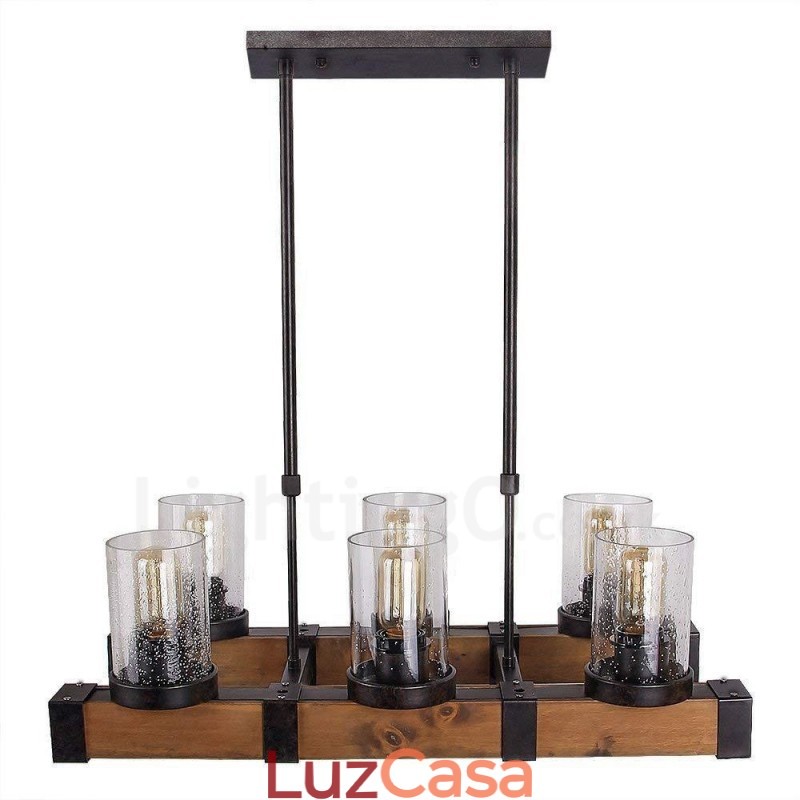 Lustre de madeira vintage de 6 luzes, iluminação pendente industrial de madeira, estilo loft, linear