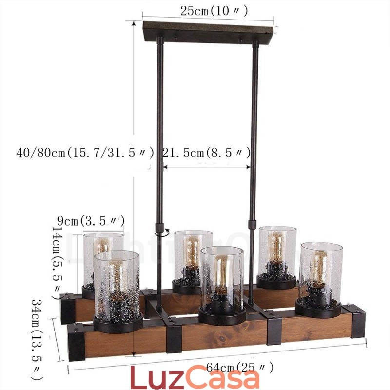 Lustre de madeira vintage de 6 luzes, iluminação pendente industrial de madeira, estilo loft, linear