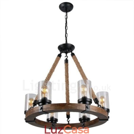 Lustre de madeira vintage com 6 anéis de luz, iluminação pendente industrial de madeira eólica e loft