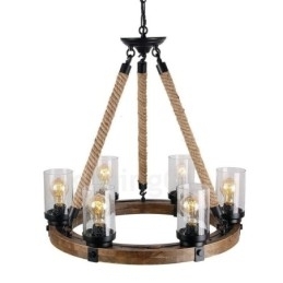 Lustre de madeira vintage com 6 anéis de luz, iluminação pendente industrial de madeira eólica e loft