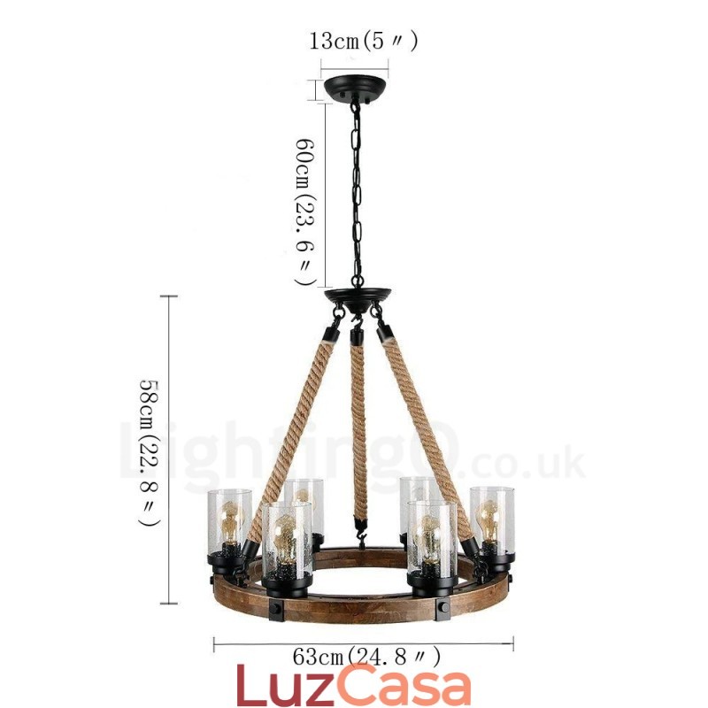 Lustre de madeira vintage com 6 anéis de luz, iluminação pendente industrial de madeira eólica e loft