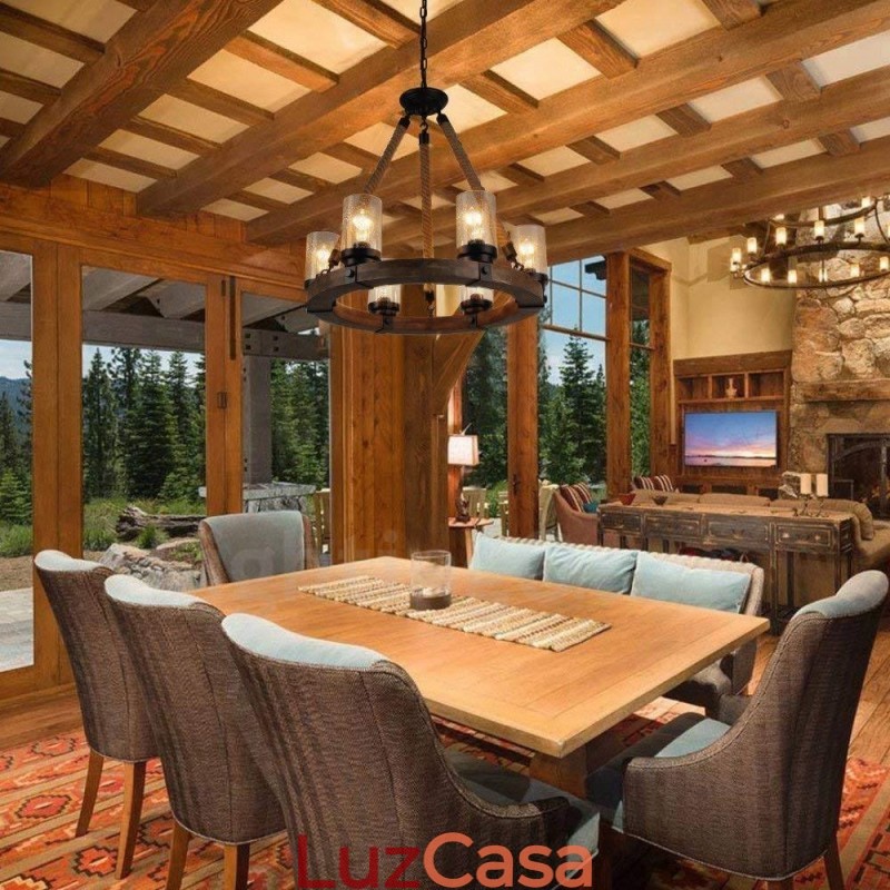 Lustre de madeira vintage com 6 anéis de luz, iluminação pendente industrial de madeira eólica e loft