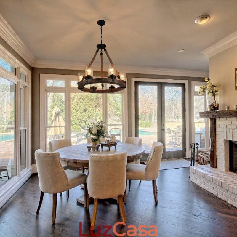 Lustre de madeira vintage com 6 anéis de luz, iluminação pendente industrial de madeira eólica e loft