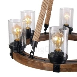 Lustre de madeira vintage com 6 anéis de luz, iluminação pendente industrial de madeira eólica e loft