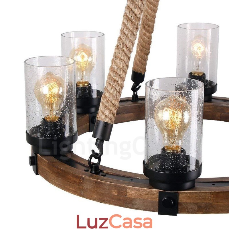 Lustre de madeira vintage com 6 anéis de luz, iluminação pendente industrial de madeira eólica e loft
