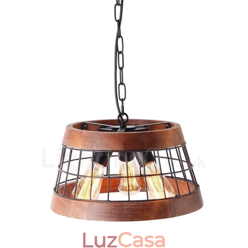 Lustre de madeira vintage com 3 anéis de luz, iluminação pendente industrial de madeira eólica, loft, linear