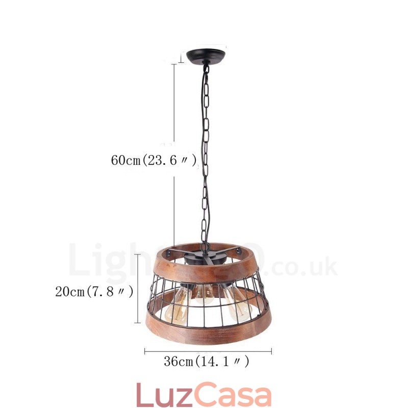 Lustre de madeira vintage com 3 anéis de luz, iluminação pendente industrial de madeira eólica, loft, linear