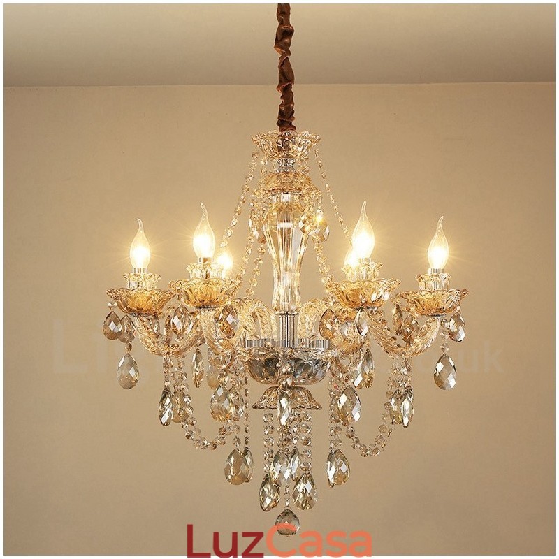 Lustre de cristal elegante com 6 luzes cor conhaque