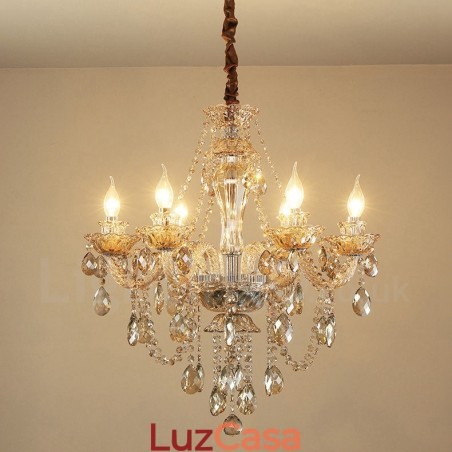 Lustre de cristal elegante com 6 luzes cor conhaque Lustre de cristal elegante com 6 luzes cor conhaque