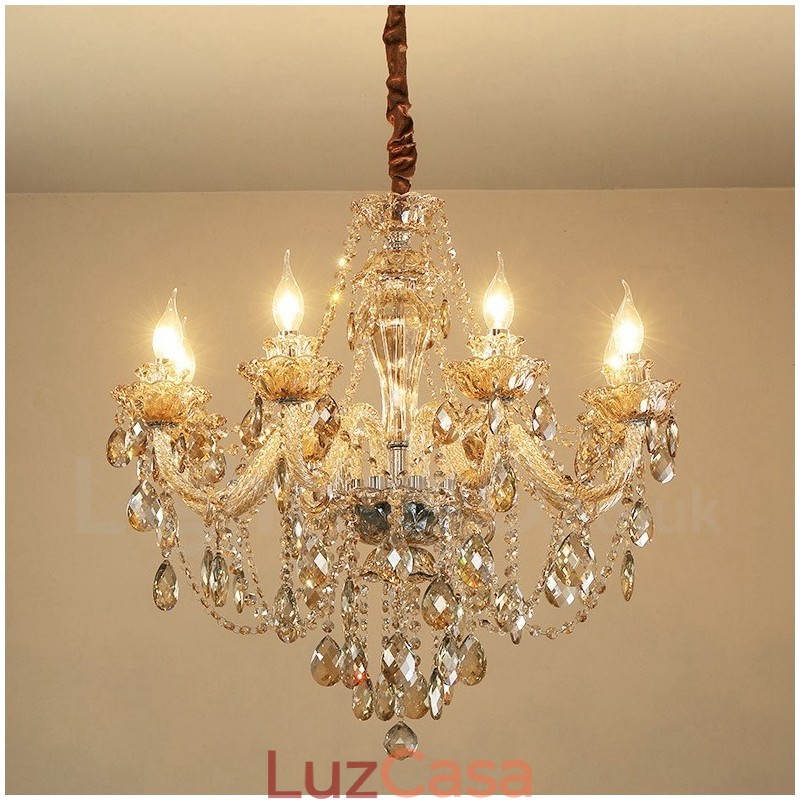 Lustre de cristal elegante com 8 luzes cor conhaque