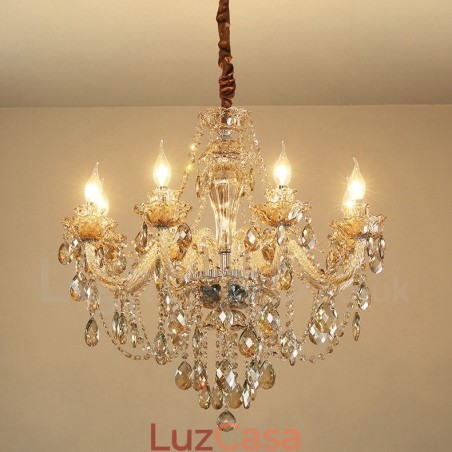 Lustre de cristal elegante com 8 luzes cor conhaque Lustre de cristal elegante com 8 luzes cor conhaque