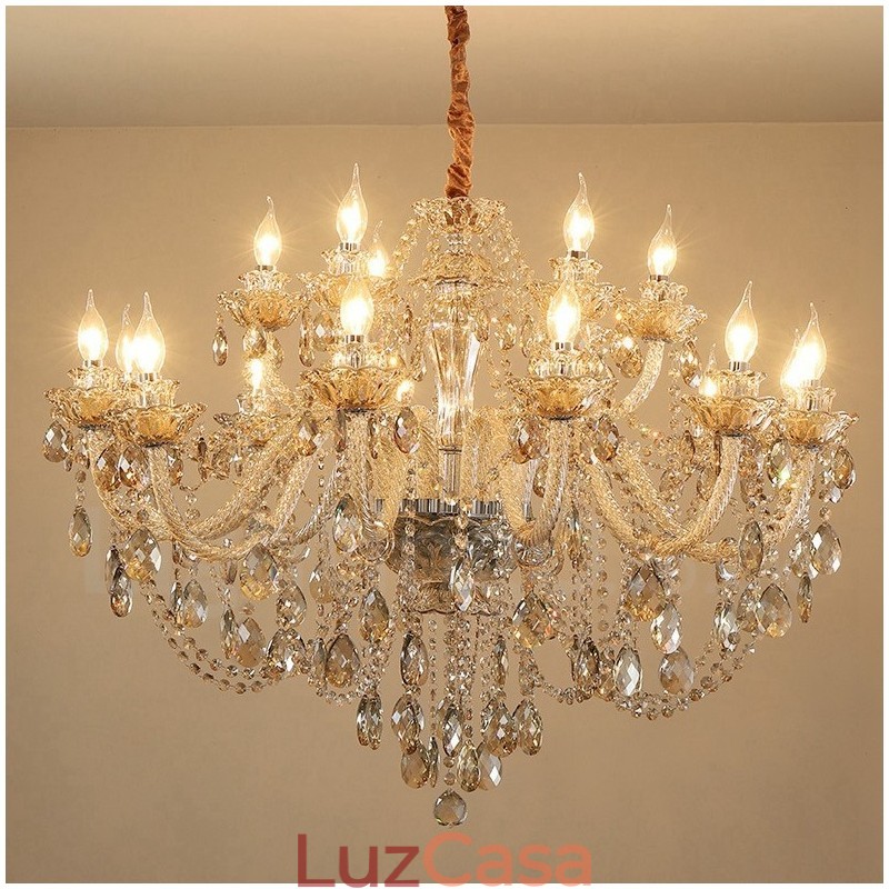 Lustre de cristal elegante com 18 (12+6) luzes cor conhaque