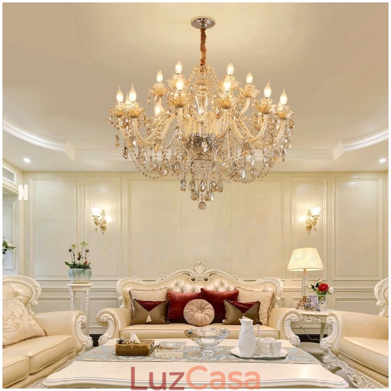 Lustre de cristal elegante com 18 (12+6) luzes cor conhaque