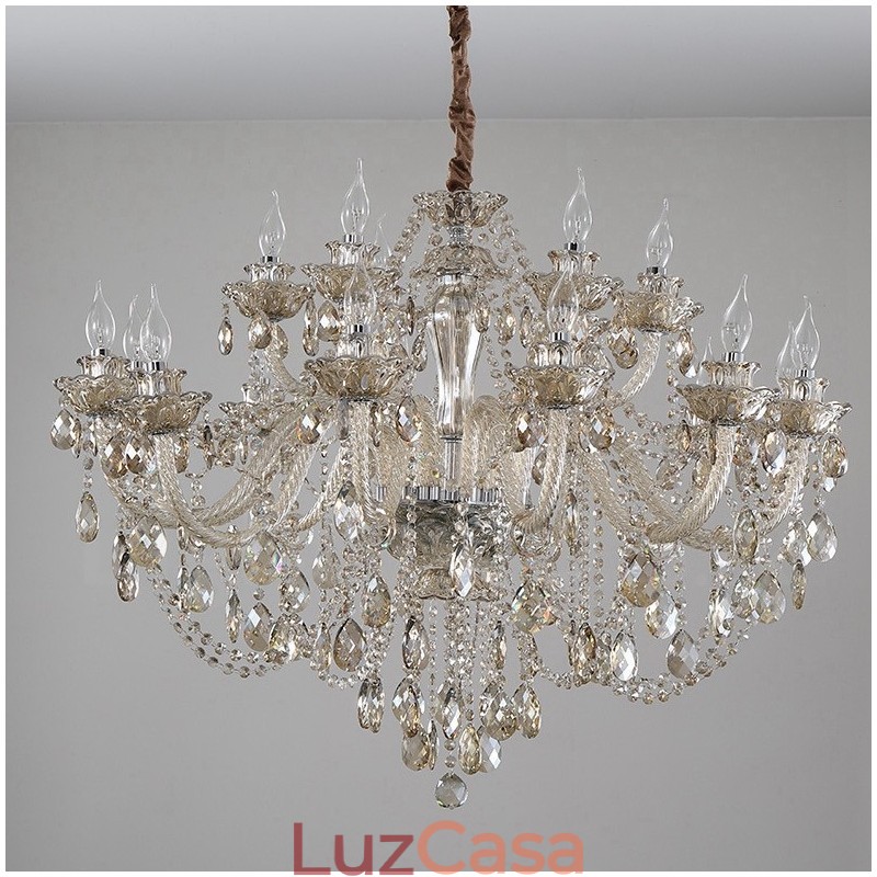 Lustre de cristal elegante com 18 (12+6) luzes cor conhaque