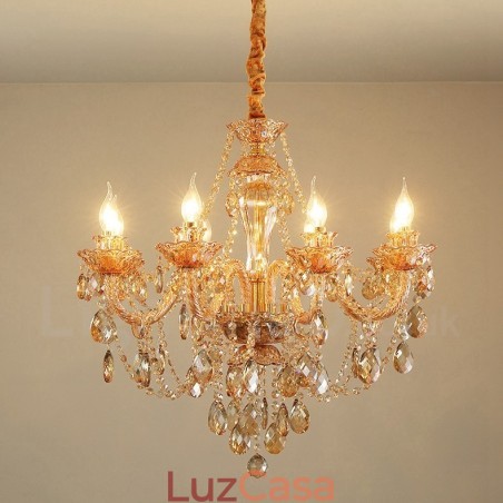 Lustre de cristal elegante com 8 luzes âmbar dourado Lustre de cristal elegante com 8 luzes âmbar dourado
