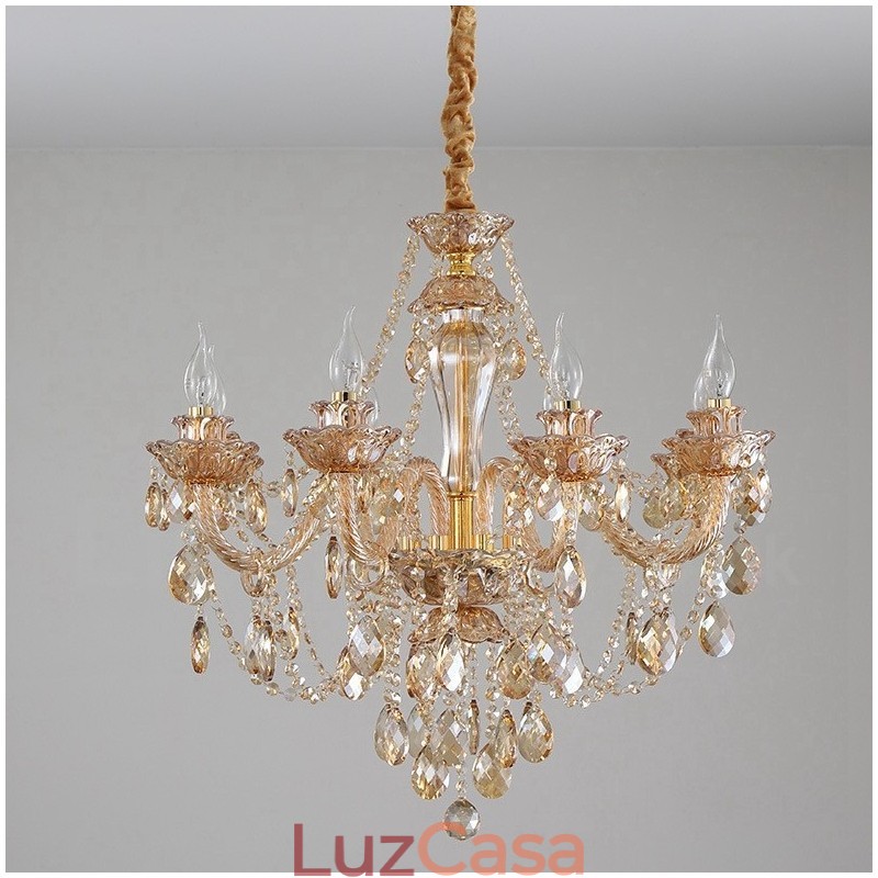 Lustre de cristal elegante com 8 luzes âmbar dourado