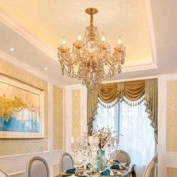 Lustre de cristal elegante com 8 luzes âmbar dourado