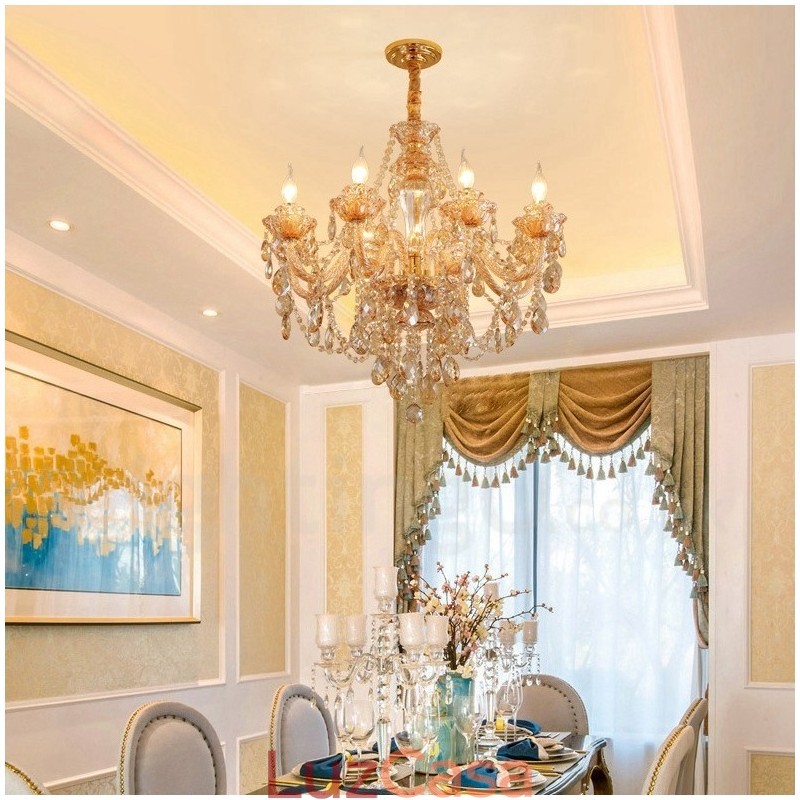 Lustre de cristal elegante com 8 luzes âmbar dourado
