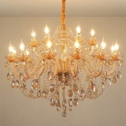 Lustre de cristal elegante com 18 (12+6) luzes âmbar dourado