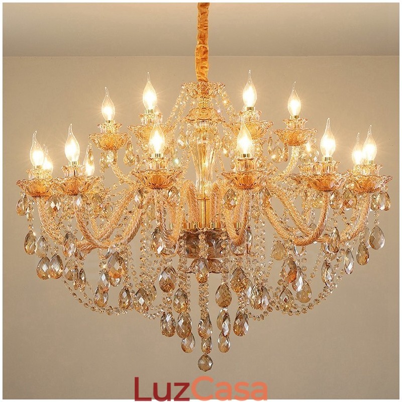 Lustre de cristal elegante com 18 (12+6) luzes âmbar dourado