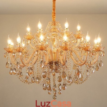 Lustre de cristal elegante com 18 (12+6) luzes âmbar dourado Lustre de cristal elegante com 18 (12+6) luzes âmbar dourado