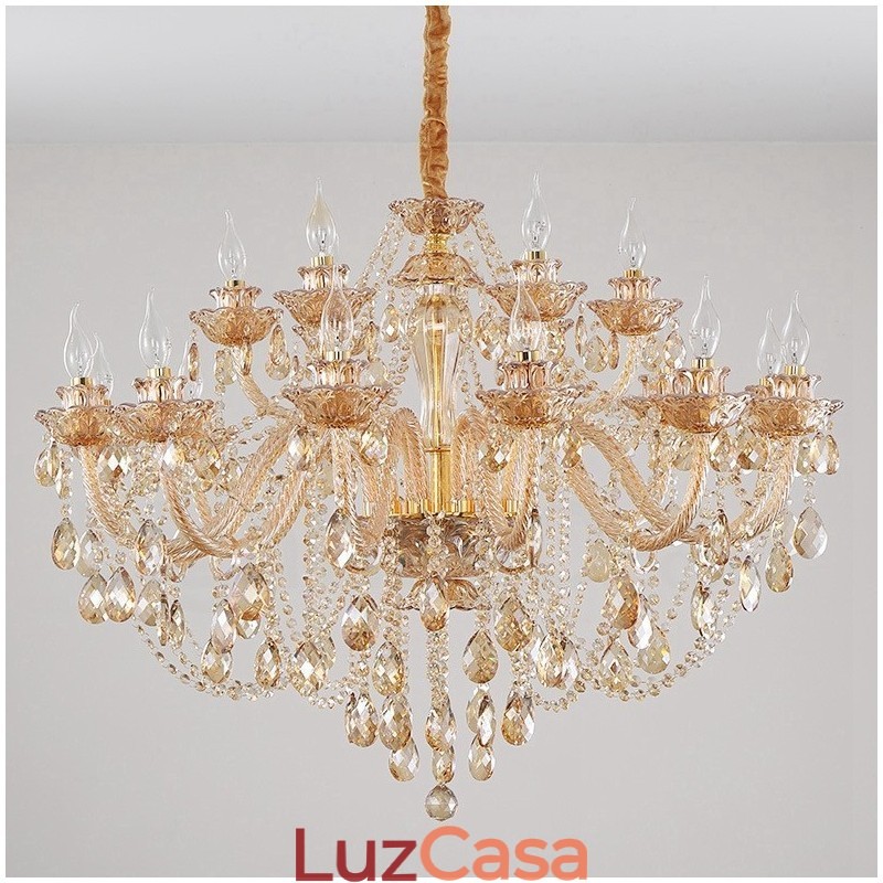 Lustre de cristal elegante com 18 (12+6) luzes âmbar dourado