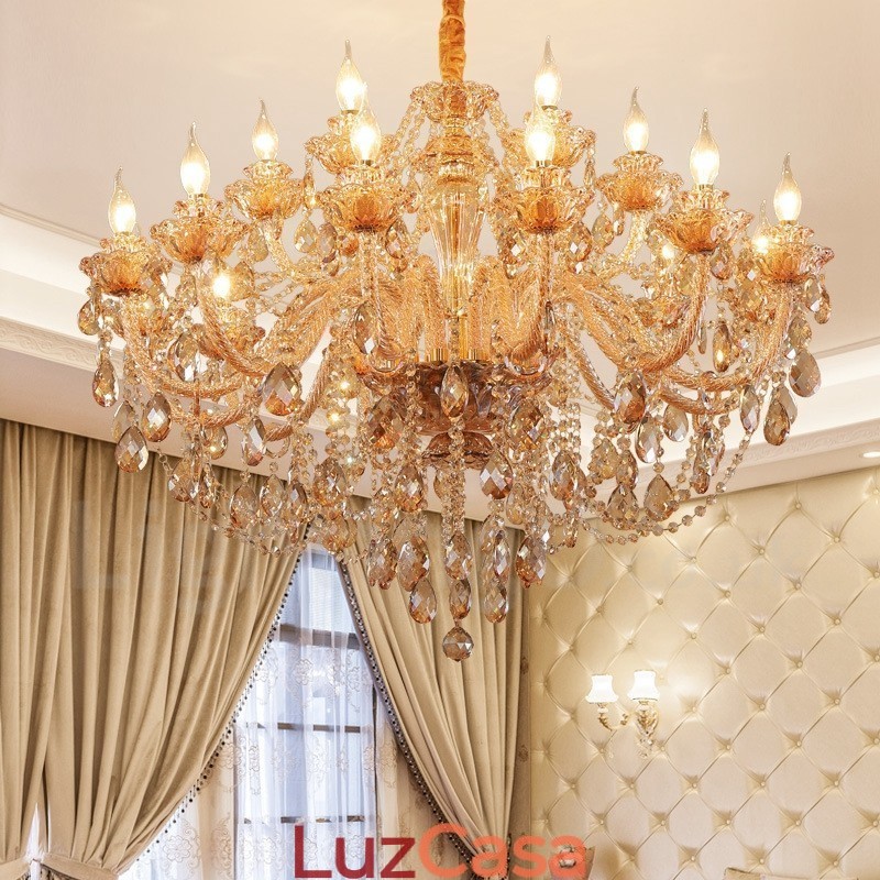 Lustre de cristal elegante com 18 (12+6) luzes âmbar dourado