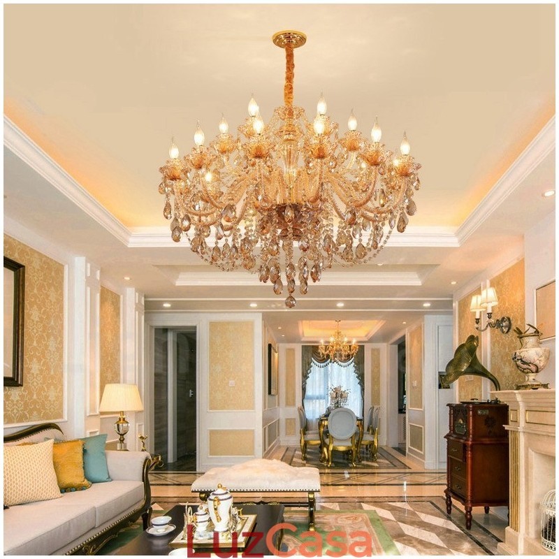Lustre de cristal elegante com 18 (12+6) luzes âmbar dourado