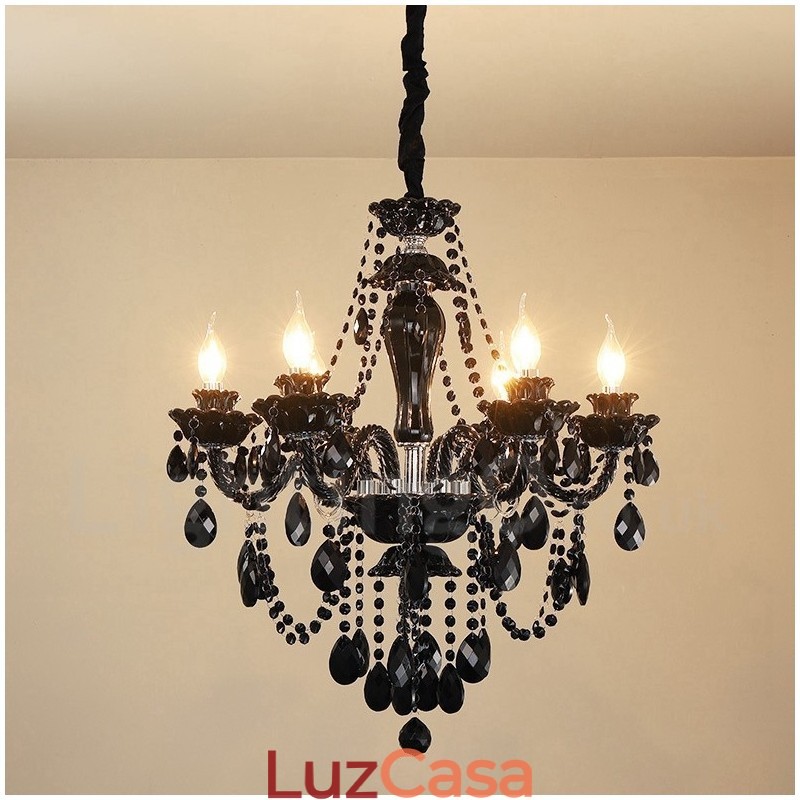 Lustre de cristal elegante preto com 6 luzes e vela