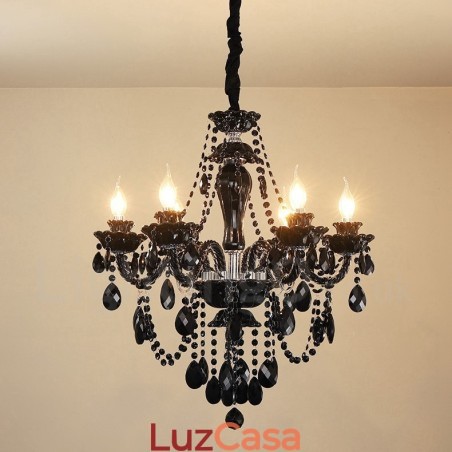 Lustre de cristal elegante preto com 6 luzes e vela Lustre de cristal elegante preto com 6 luzes e vela
