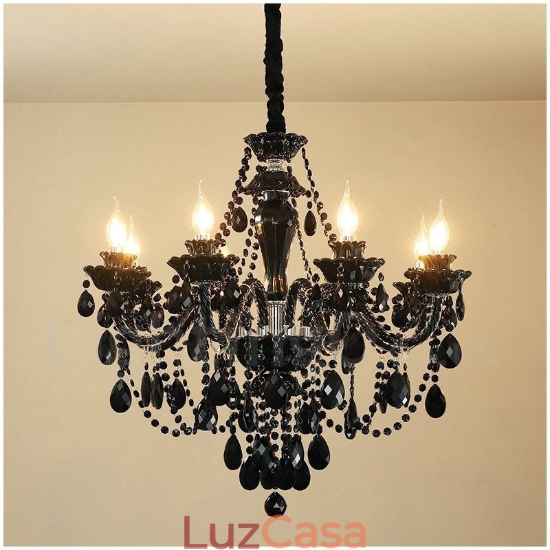 Lustre de cristal elegante preto com 8 luzes e vela