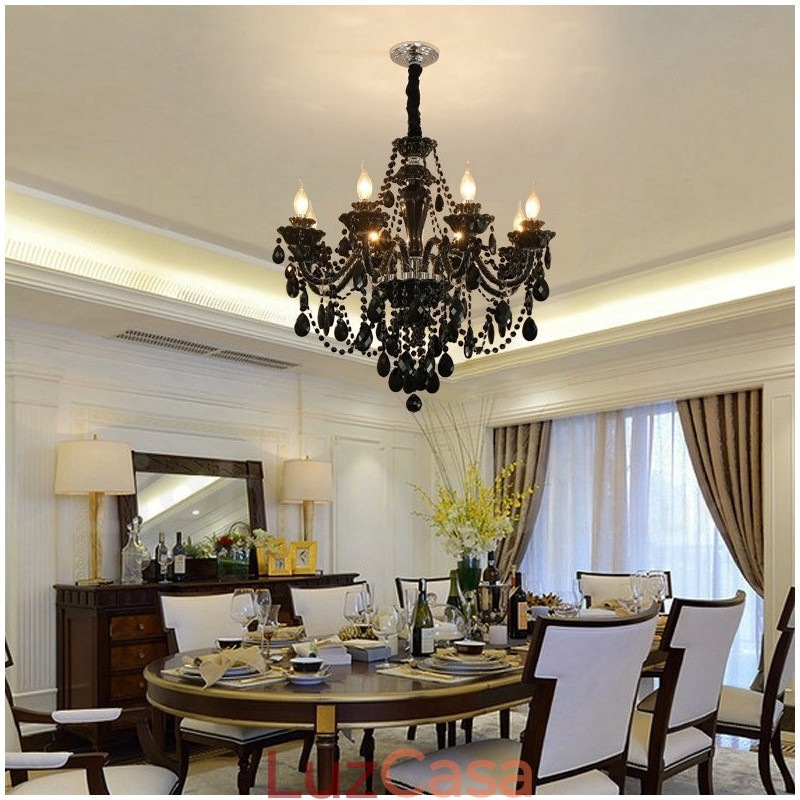 Lustre de cristal elegante preto com 8 luzes e vela