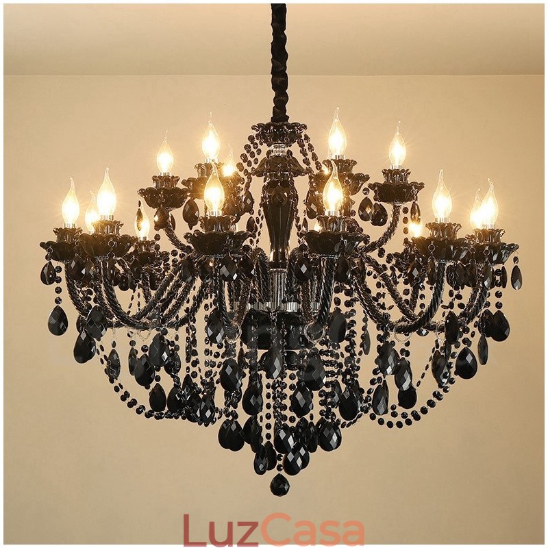 Lustre de cristal elegante preto com 18 (12+6) luzes
