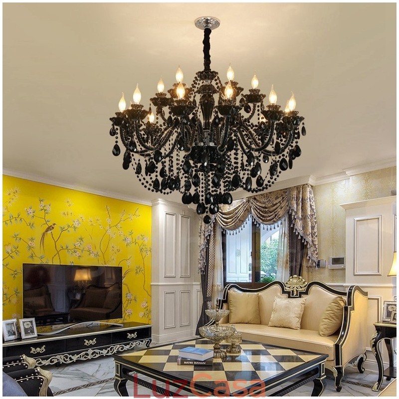 Lustre de cristal elegante preto com 18 (12+6) luzes