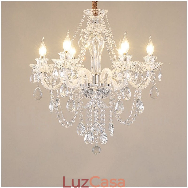 Lustre de cristal transparente com 6 luzes, design especial e braços brancos
