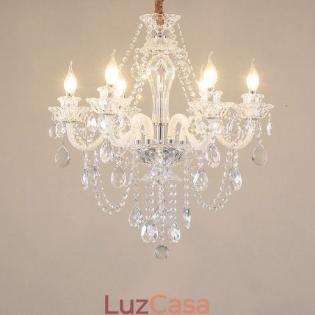 Lustre de cristal transparente com 6 luzes, design especial e braços brancos